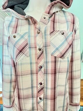 Swiss Alps Plaid Snap Button Shirt / Shacket Hood. Cream/Pink/Blue/Red/Burgundy